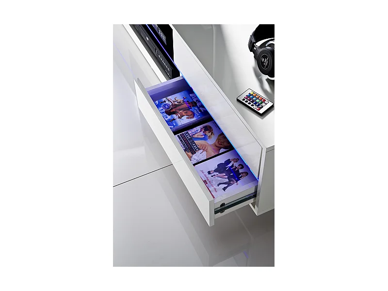 Meuble TV avec LED bleu coloris laqué blanc brillant - L160 x H36 x P40 cm