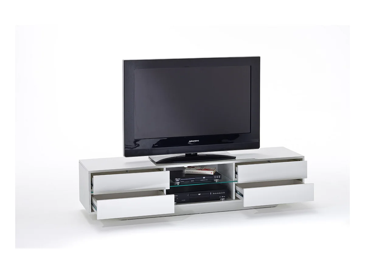 Meuble TV avec LED bleu coloris laqué blanc brillant - L160 x H36 x P40 cm