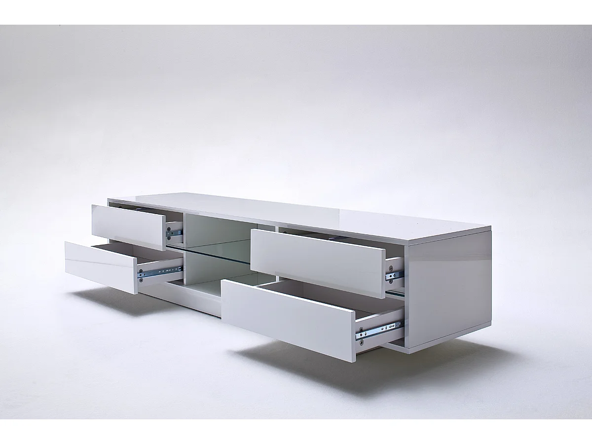 Meuble TV avec LED bleu coloris laqué blanc brillant - L160 x H36 x P40 cm