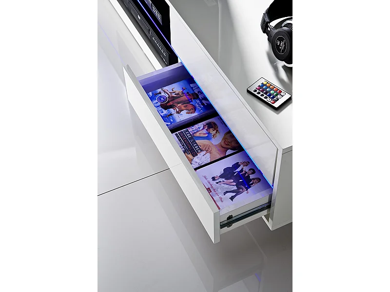 Meuble TV avec LED bleu coloris laqué blanc brillant - L160 x H36 x P40 cm