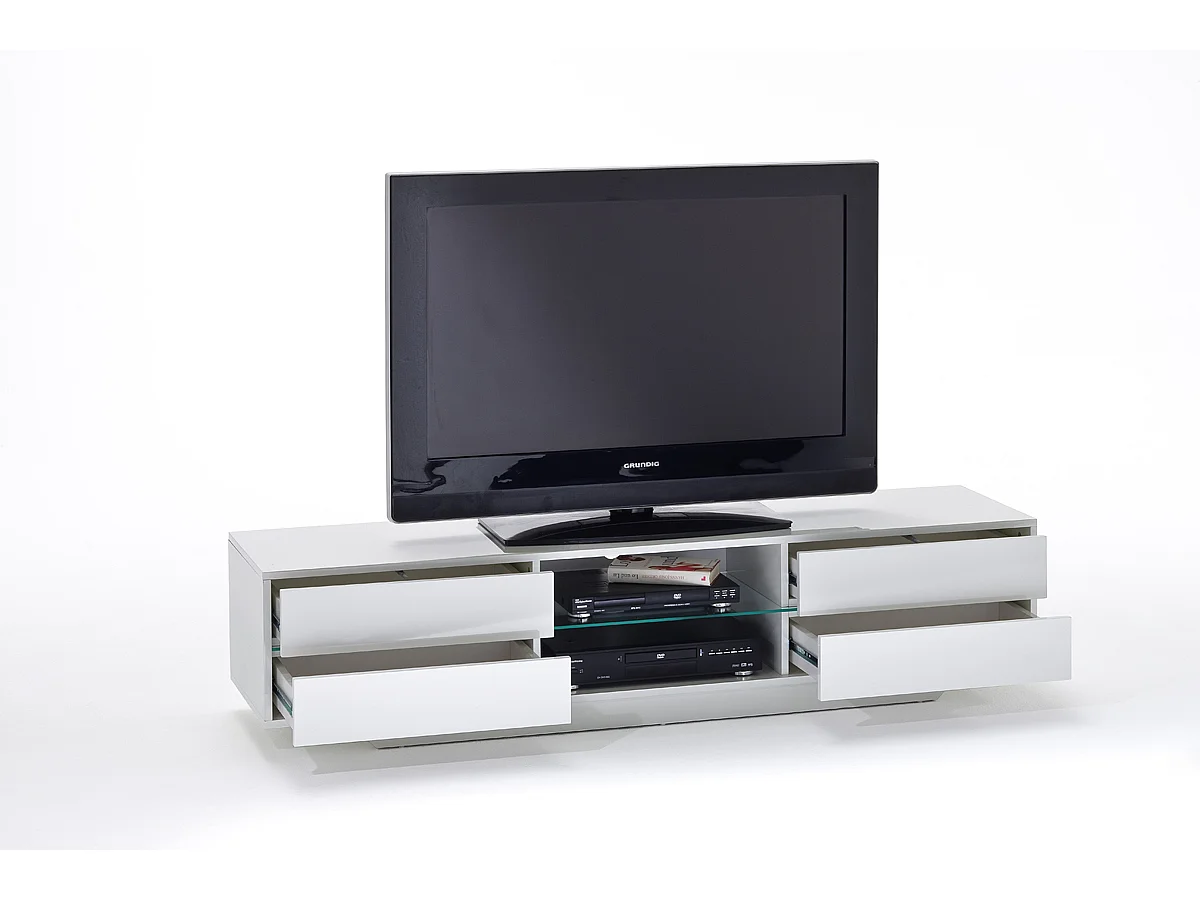 Meuble TV avec LED bleu coloris laqué blanc brillant - L160 x H36 x P40 cm