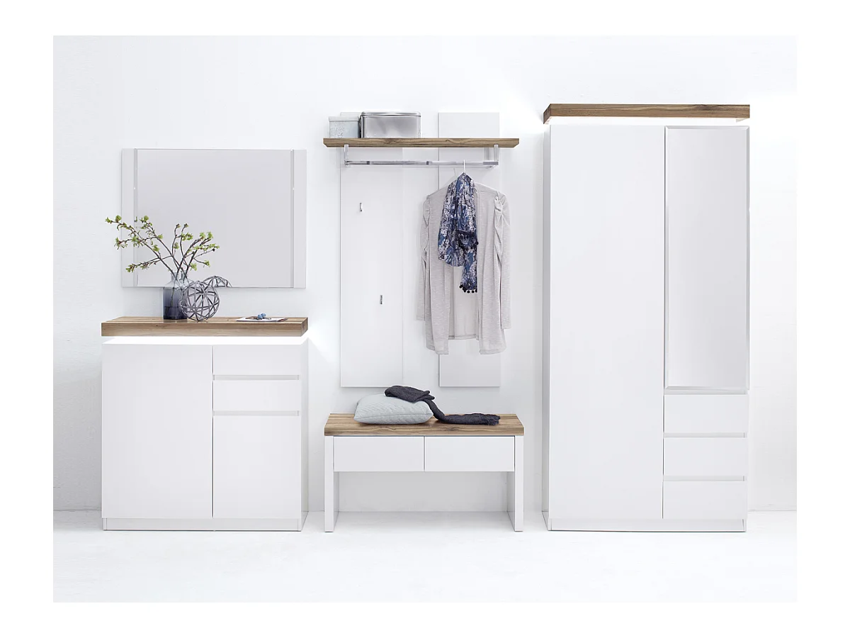 Ensemble meuble d'entrée coloris laqué blanc mat avec plateaux en chêne noueux huilé