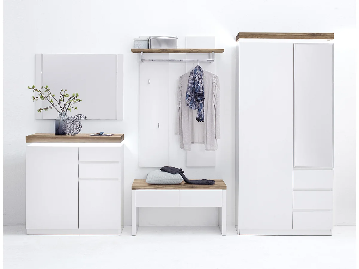 Ensemble meuble d'entrée coloris laqué blanc mat avec plateaux en chêne noueux huilé