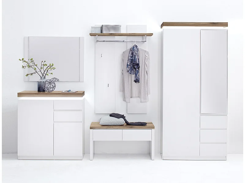 Ensemble meuble d'entrée coloris laqué blanc mat avec plateaux en chêne noueux huilé