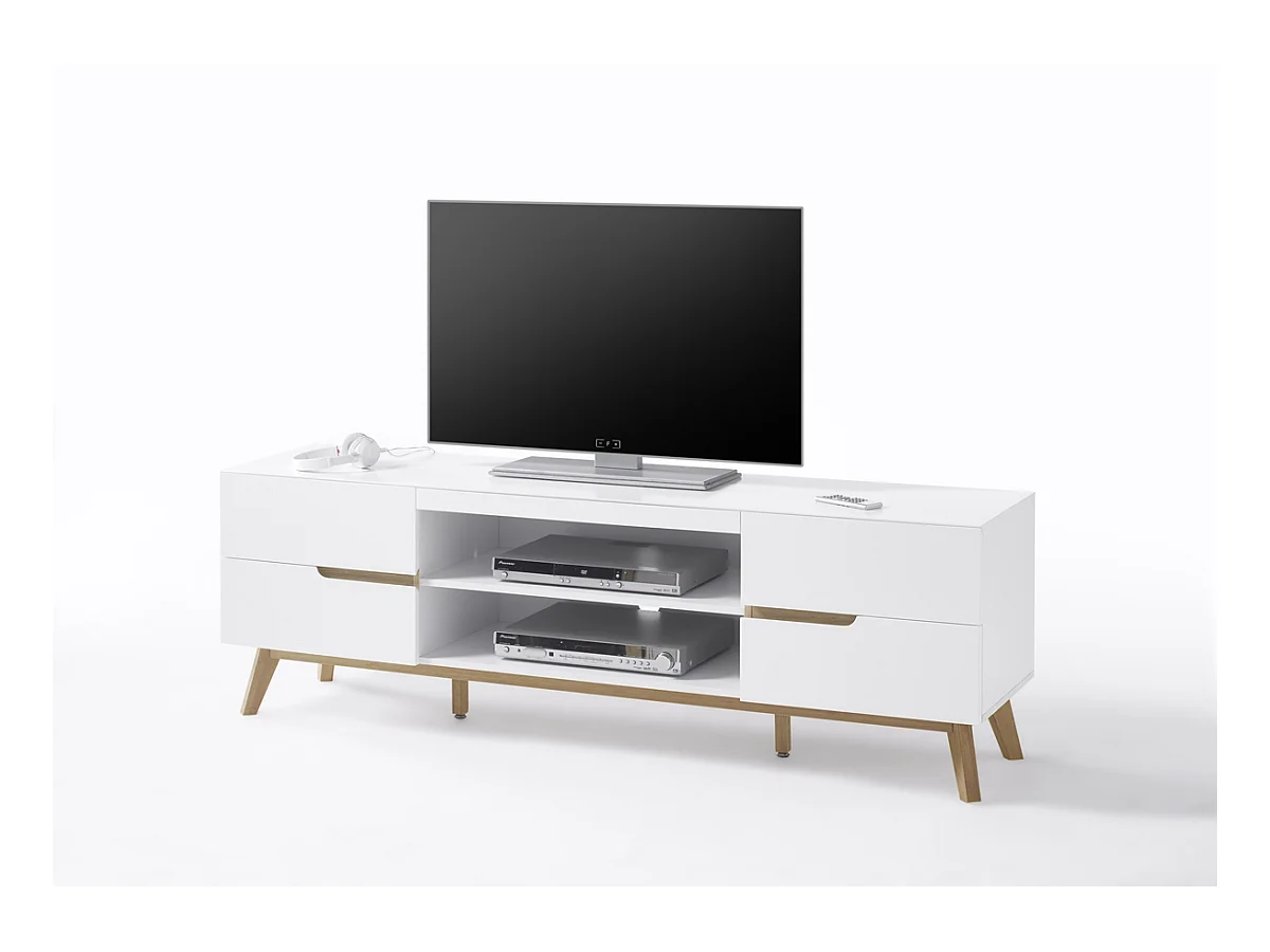 Meuble TV en laqué blanc mat avec piètement en chêne - L169 x H56 x P40 cm
