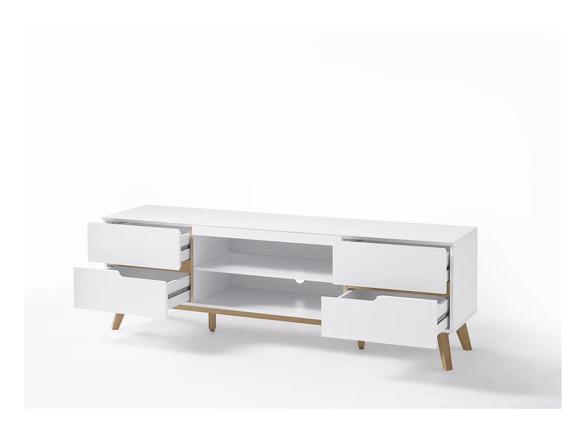 Meuble TV en laqué blanc mat avec piètement en chêne - L169 x H56 x P40 cm