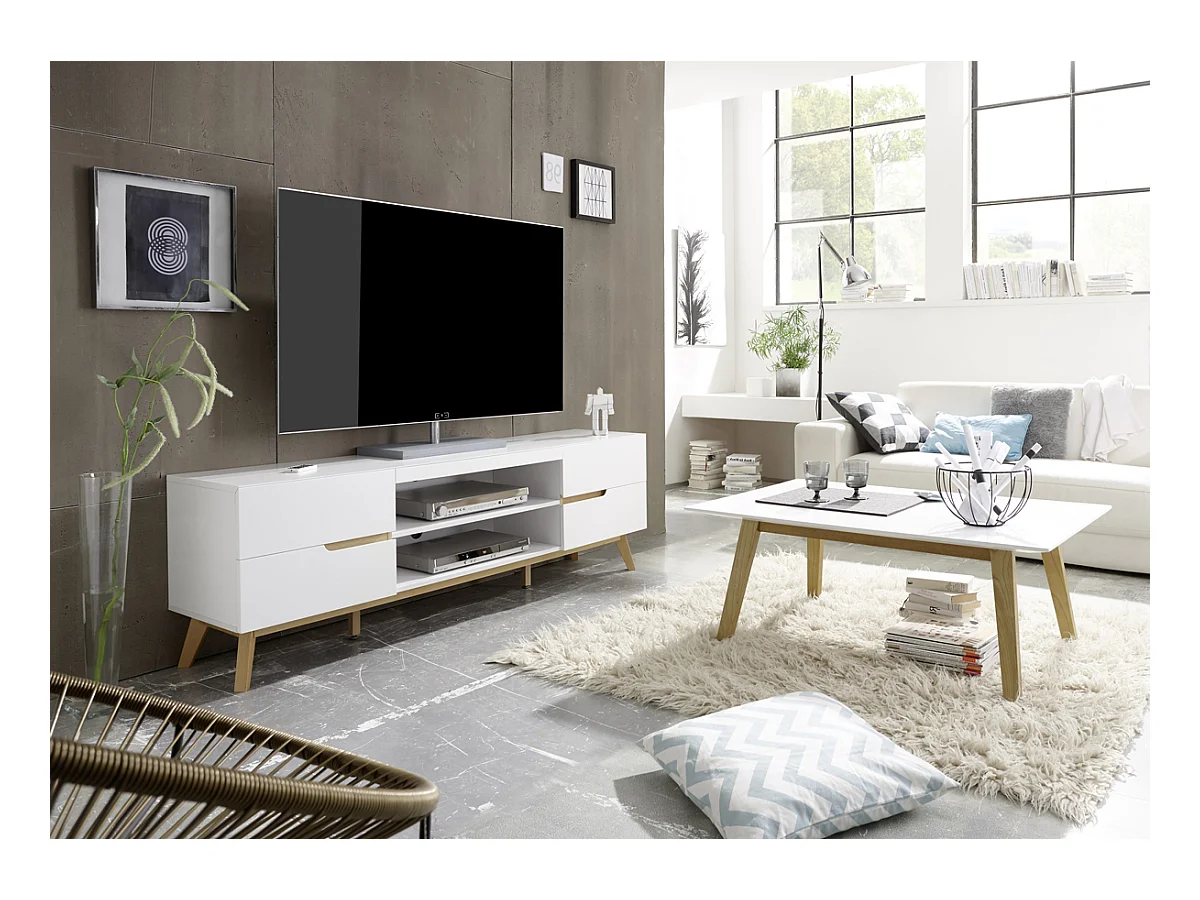 Meuble TV en laqué blanc mat avec piètement en chêne - L169 x H56 x P40 cm