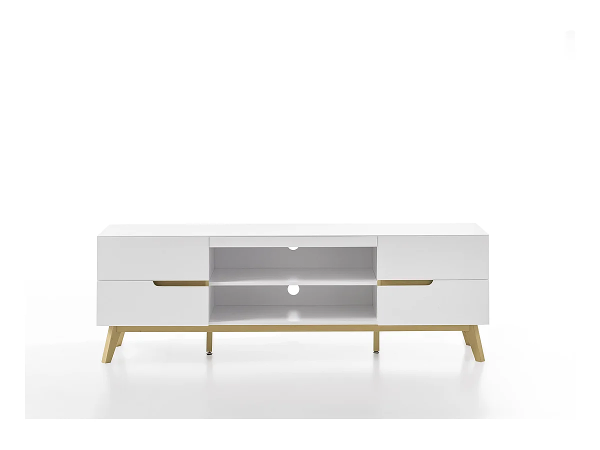 Meuble TV en laqué blanc mat avec piètement en chêne - L169 x H56 x P40 cm