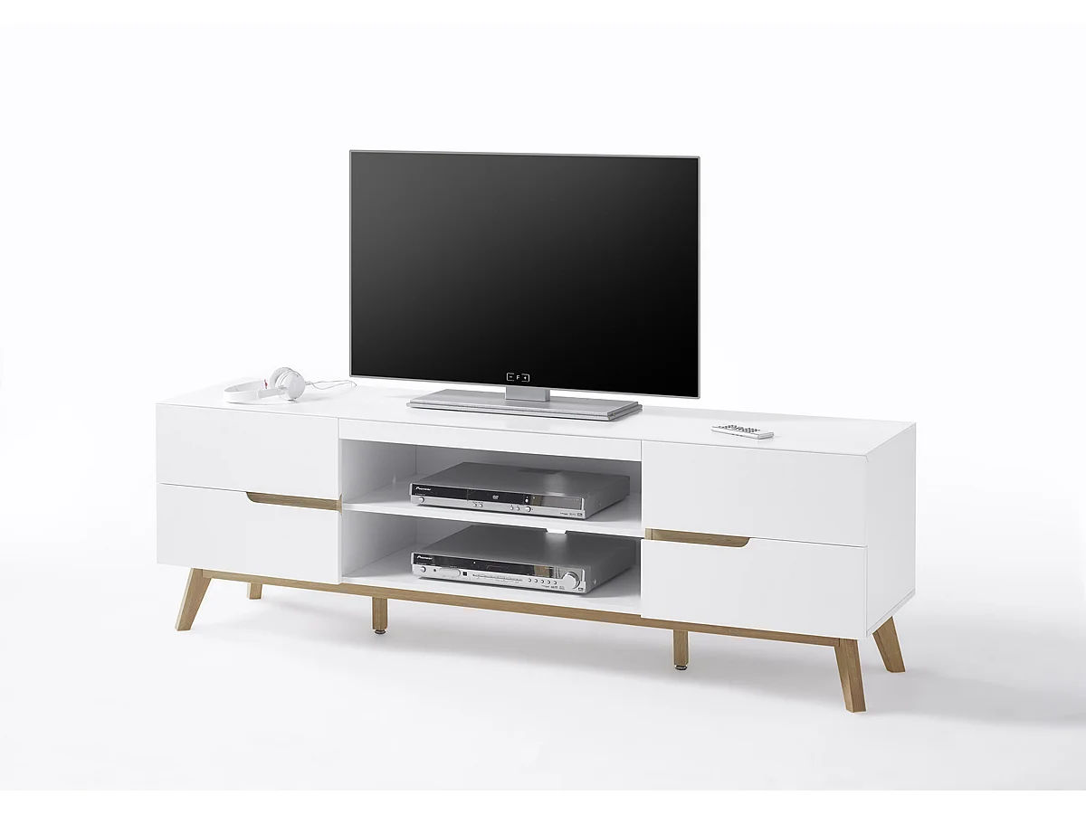 Meuble TV en laqué blanc mat avec piètement en chêne - L169 x H56 x P40 cm