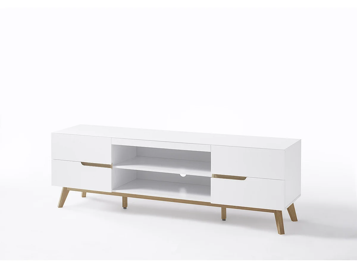 Meuble TV en laqué blanc mat avec piètement en chêne - L169 x H56 x P40 cm