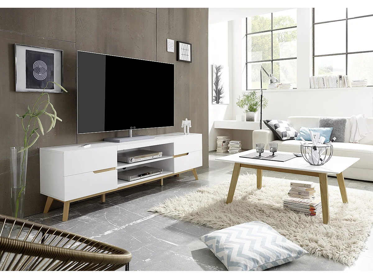 Meuble TV en laqué blanc mat avec piètement en chêne - L169 x H56 x P40 cm