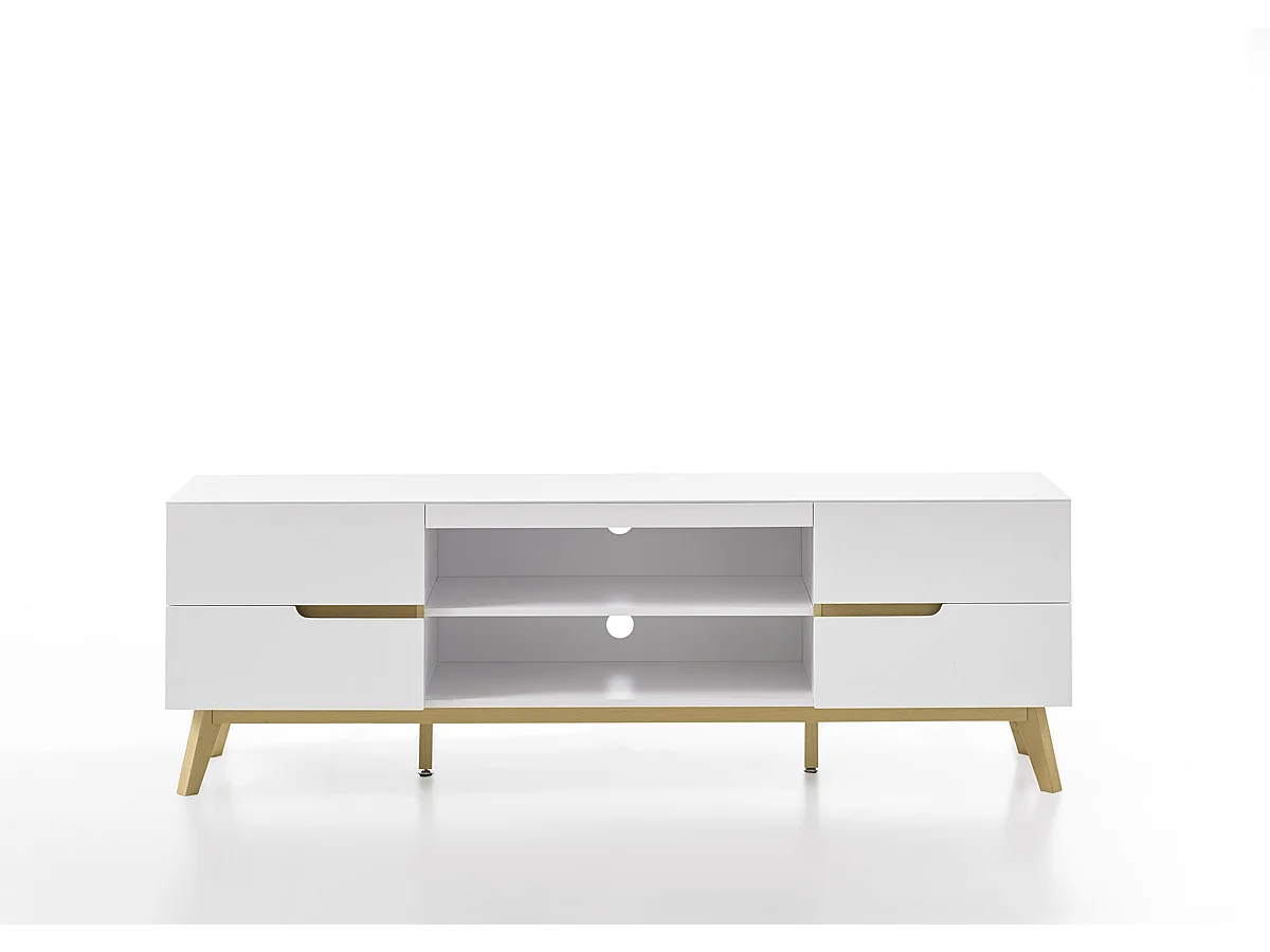 Meuble TV en laqué blanc mat avec piètement en chêne - L169 x H56 x P40 cm