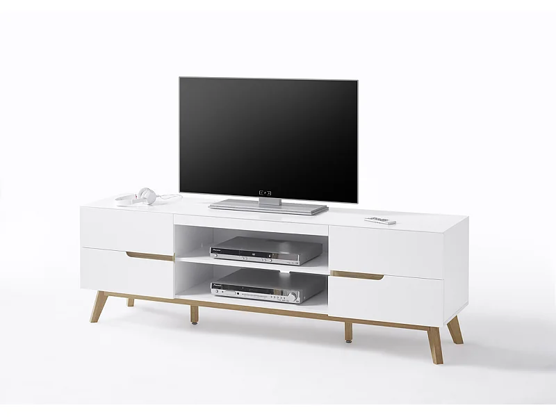 Meuble TV en laqué blanc mat avec piètement en chêne - L169 x H56 x P40 cm