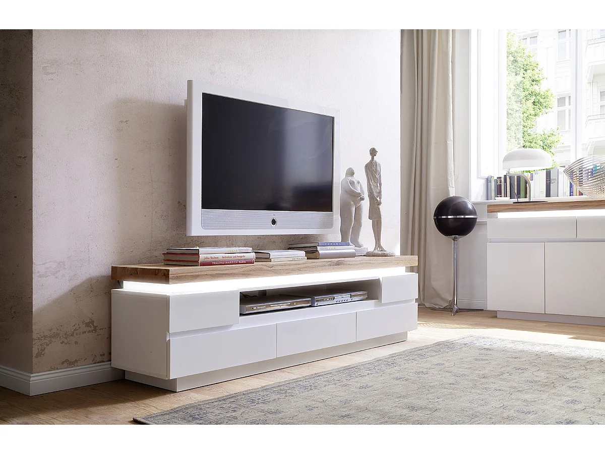 Meuble TV avec LED et 5 tiroirs coloris laqué blanc mat - L175 x H40 x P49 cm