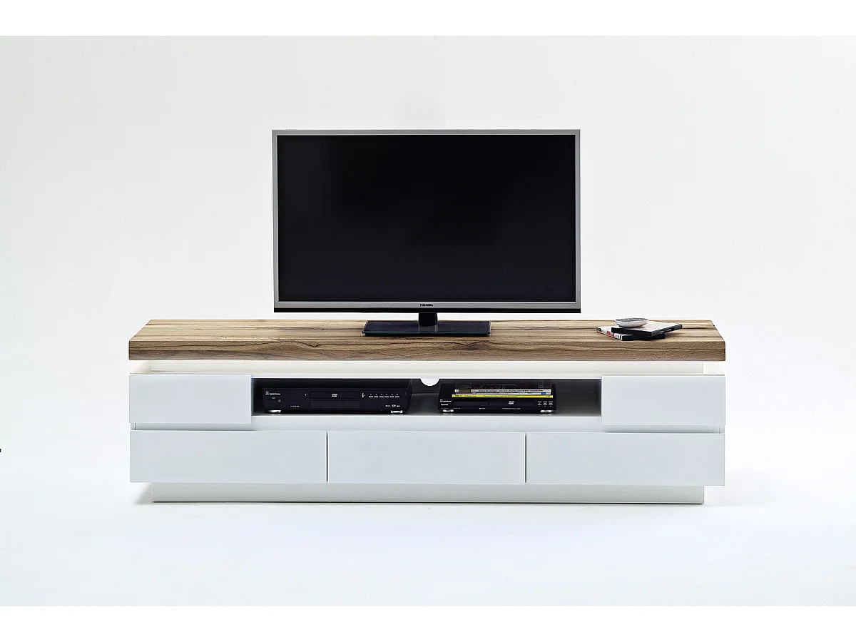 Meuble TV avec LED et 5 tiroirs coloris laqué blanc mat - L175 x H40 x P49 cm