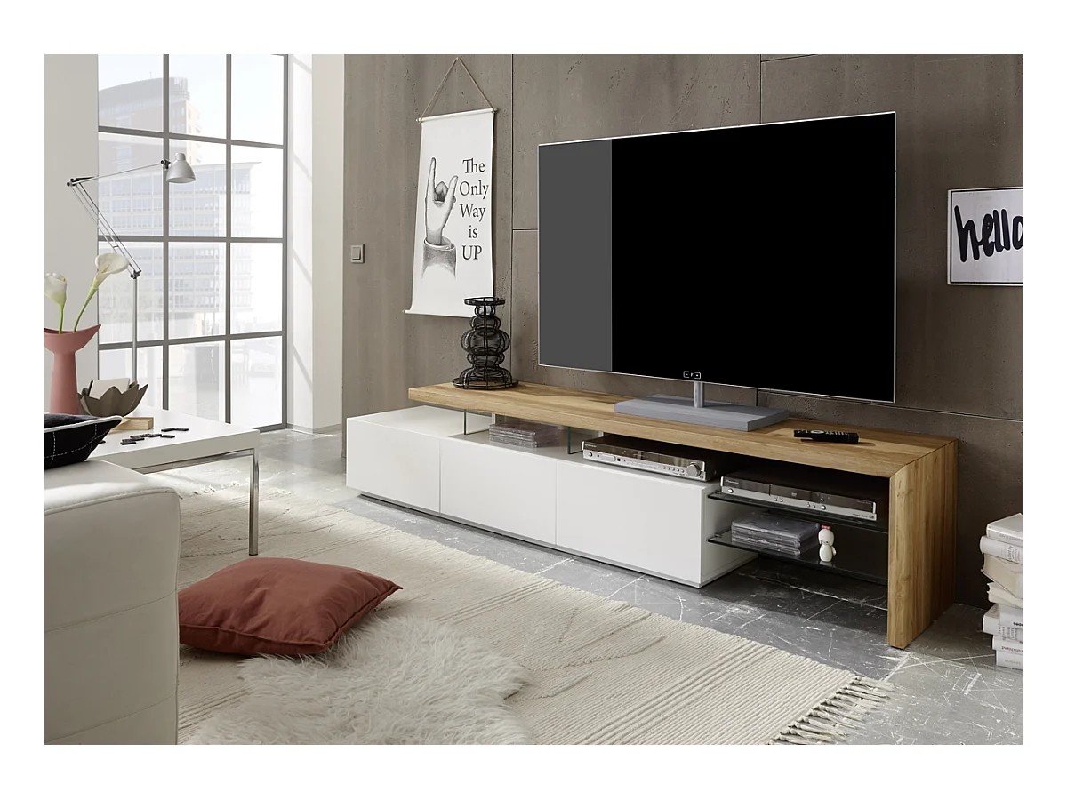 Meuble TV en blanc mat et chêne massif avec 3 tiroirs - L204 x H40 x P40 cm