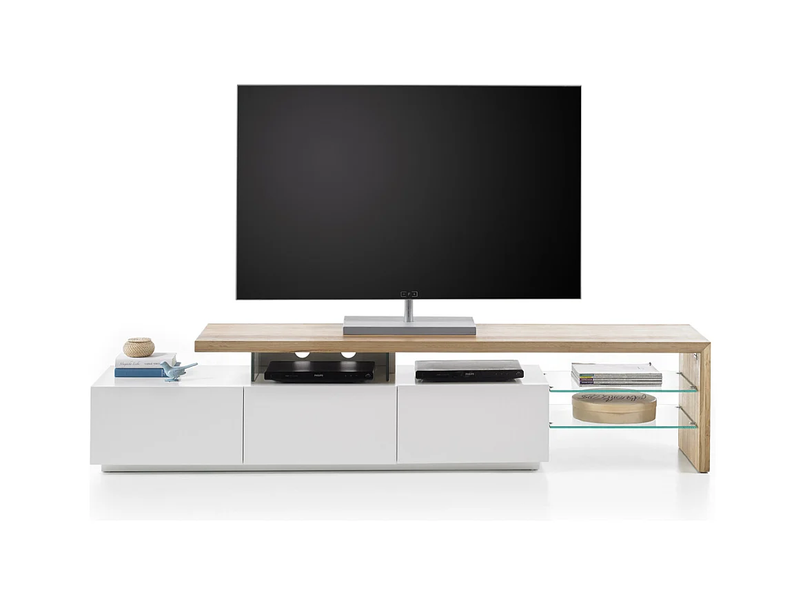 Meuble TV en blanc mat et chêne massif avec 3 tiroirs - L204 x H40 x P40 cm