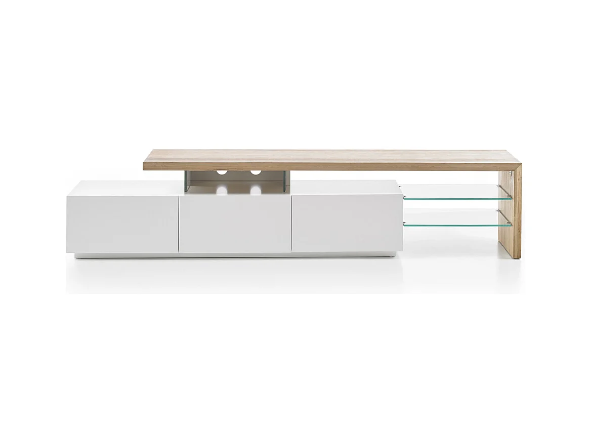 Meuble TV en blanc mat et chêne massif avec 3 tiroirs - L204 x H40 x P40 cm