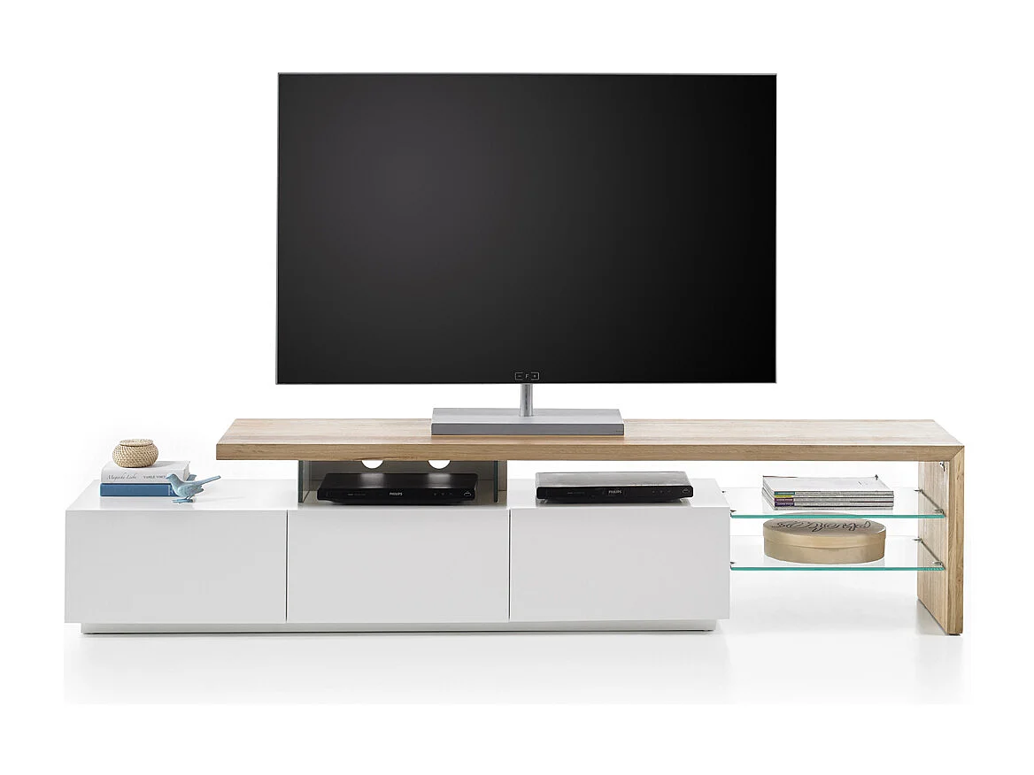 Meuble TV en blanc mat et chêne massif avec 3 tiroirs - L204 x H40 x P40 cm