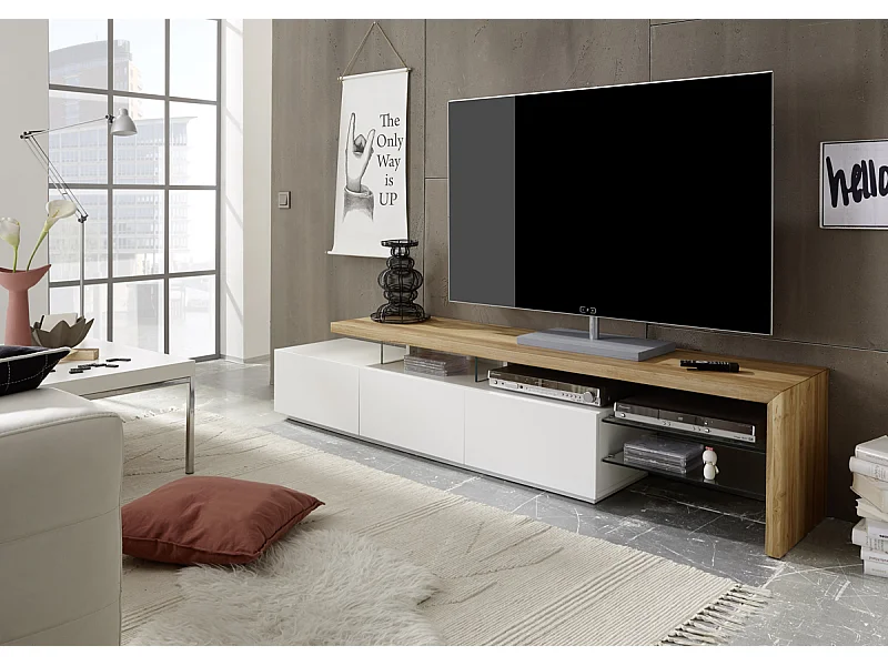 Meuble TV en blanc mat et chêne massif avec 3 tiroirs - L204 x H40 x P40 cm