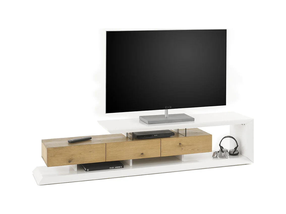 Meuble TV avec 3 tiroirs en blanc mat - L198 x H43 x P40 cm