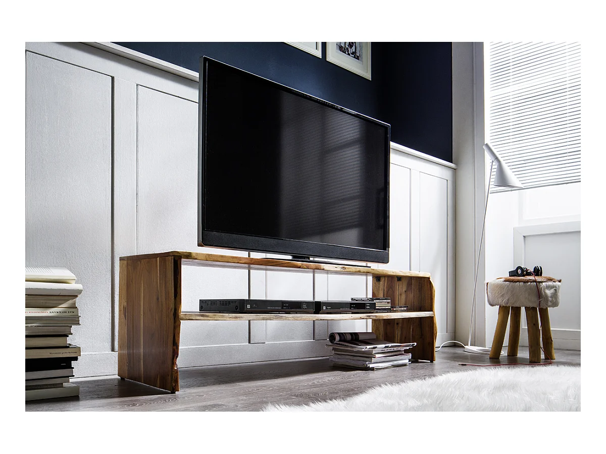 Meuble TV en bois d'acacia massif coloris noyer - L145 x H45 x P40 cm