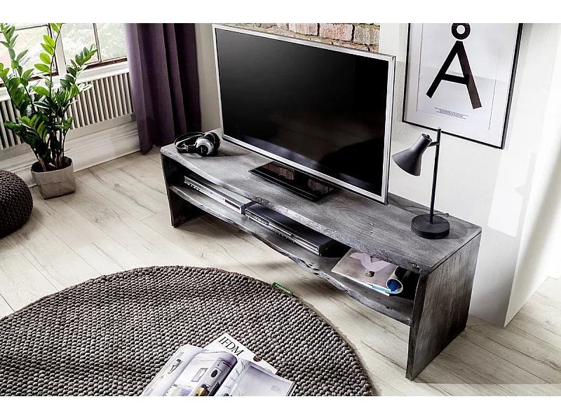 Meuble TV avec étagère en bois massif coloris gris - L145 x H45 x P40 cm