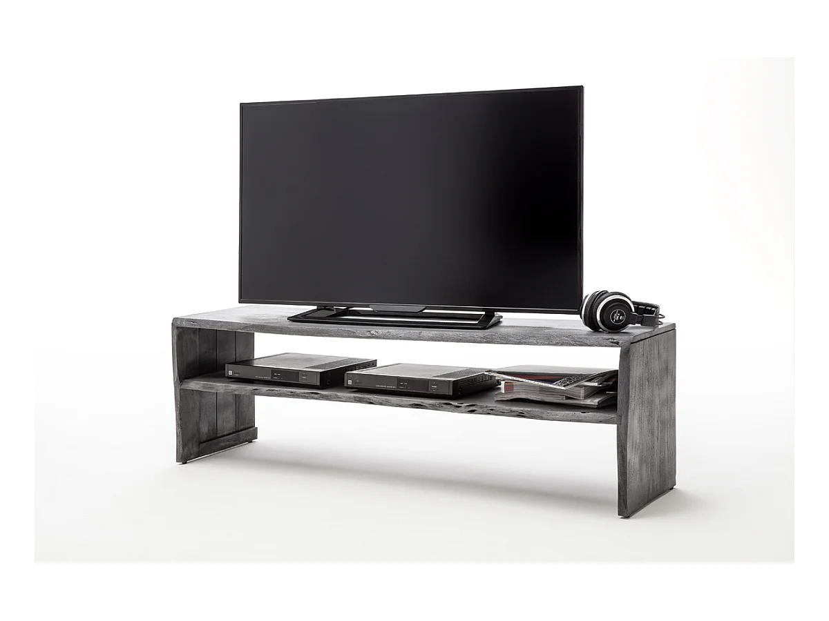 Meuble TV avec étagère en bois massif coloris gris - L145 x H45 x P40 cm