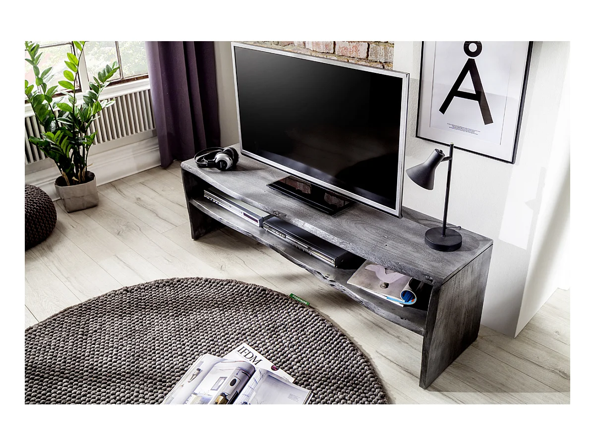Meuble TV avec étagère en bois massif coloris gris - L145 x H45 x P40 cm