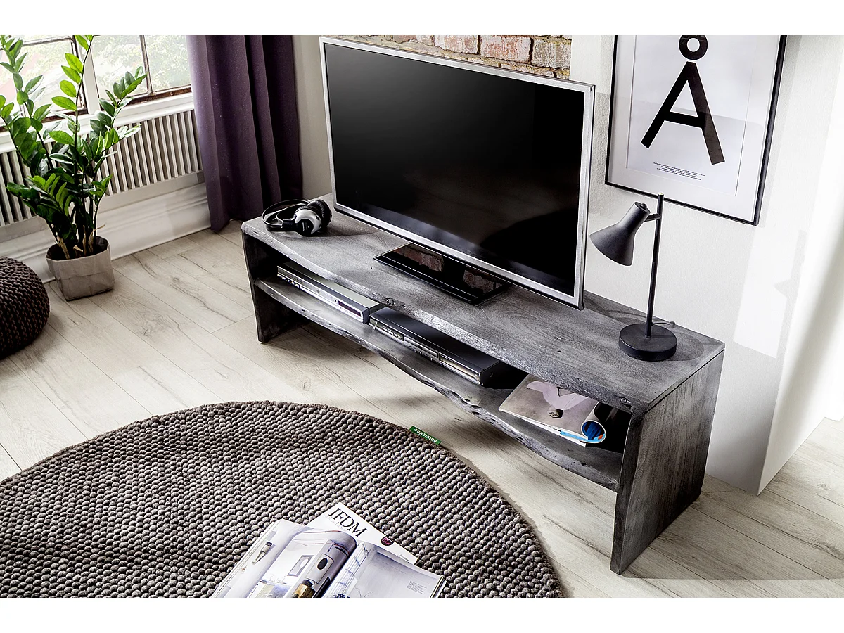 Meuble TV avec étagère en bois massif coloris gris - L145 x H45 x P40 cm