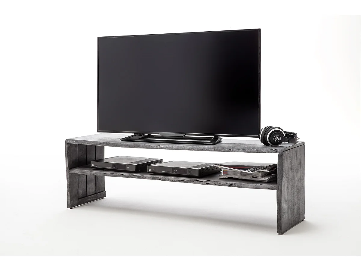 Meuble TV avec étagère en bois massif coloris gris - L145 x H45 x P40 cm