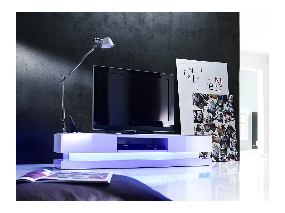 Meuble TV avec LED multicouleur coloris laqué blanc brillant - L180 x H36 x P39 cm