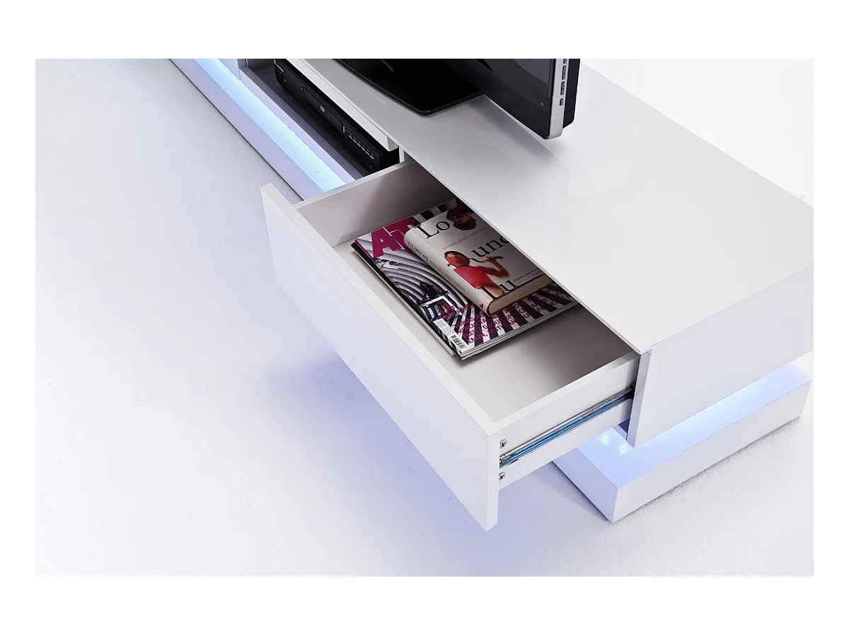 Meuble TV avec LED multicouleur coloris laqué blanc brillant - L180 x H36 x P39 cm