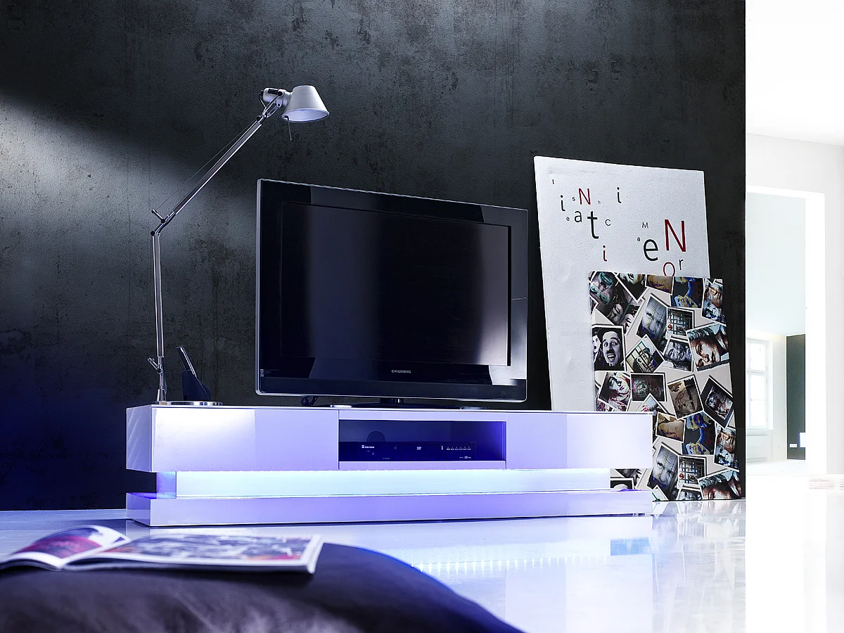 Meuble TV avec LED multicouleur coloris laqué blanc brillant - L180 x H36 x P39 cm