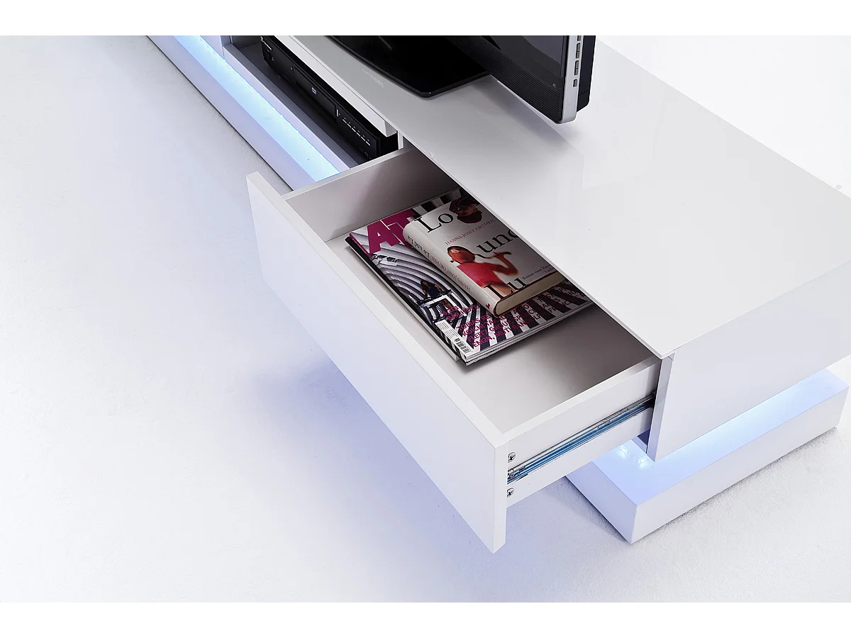 Meuble TV avec LED multicouleur coloris laqué blanc brillant - L180 x H36 x P39 cm