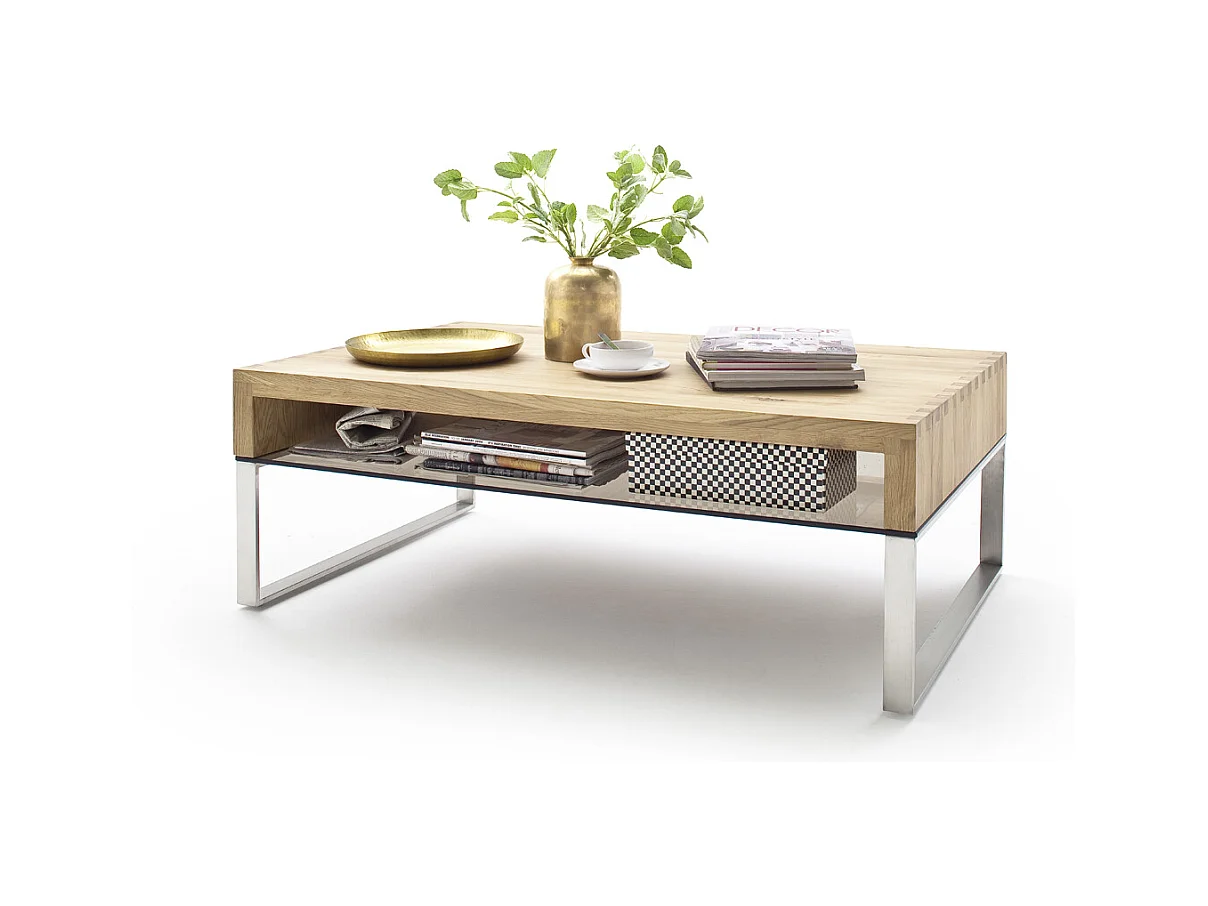 Table basse en chêne noueux avec pieds en acier brossé - L110 x H39 x P70 cm