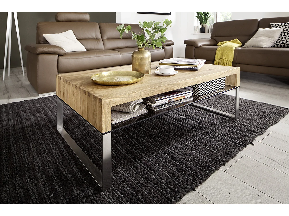 Table basse en chêne noueux avec pieds en acier brossé - L110 x H39 x P70 cm
