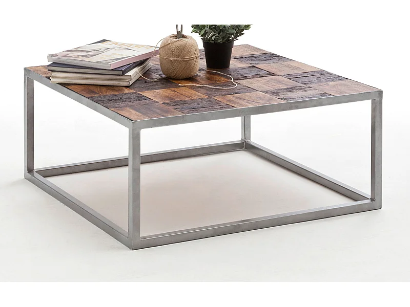 Table basse en bois avec piètement en métal laqué argent - L80 x H35 x P60 cm