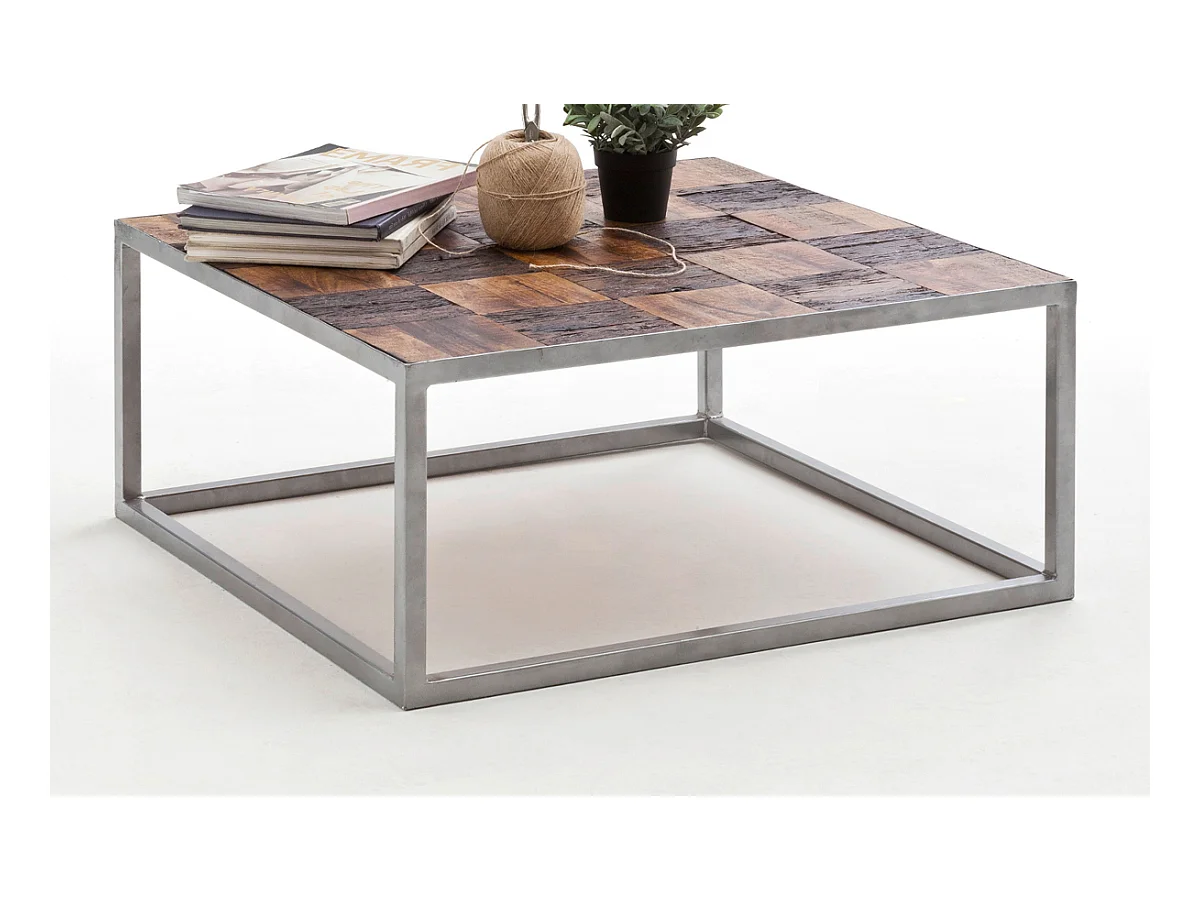 Table basse en bois avec piètement en métal laqué argent - L80 x H35 x P60 cm