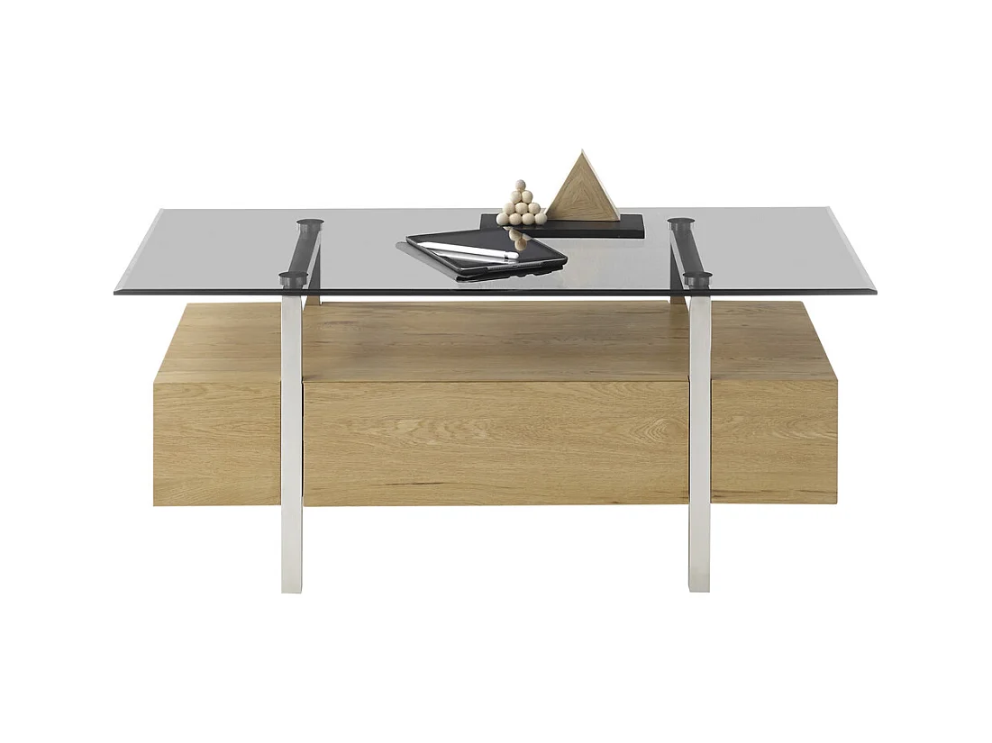 Table basse avec étagère coloris chêne en verre / bois - Longueur 110 x hauteur 45 x profondeur 60 cm