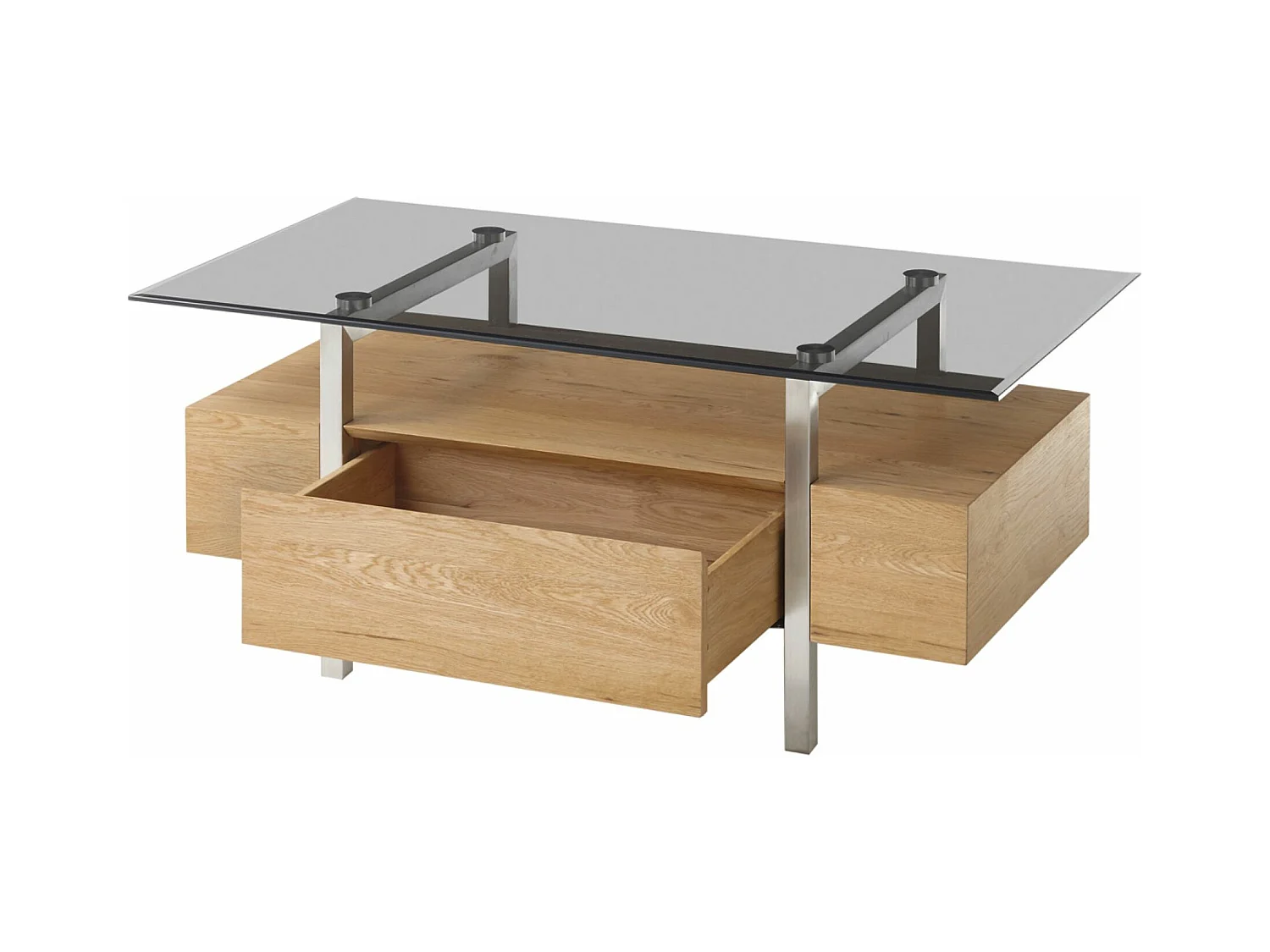 Table basse avec étagère coloris chêne en verre / bois - Longueur 110 x hauteur 45 x profondeur 60 cm