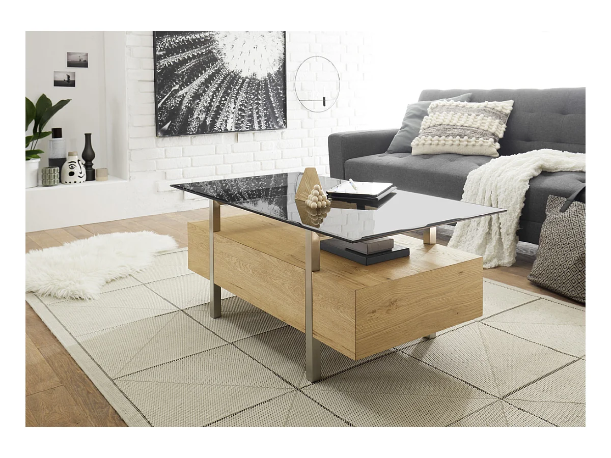 Table basse avec étagère coloris chêne en verre / bois - Longueur 110 x hauteur 45 x profondeur 60 cm