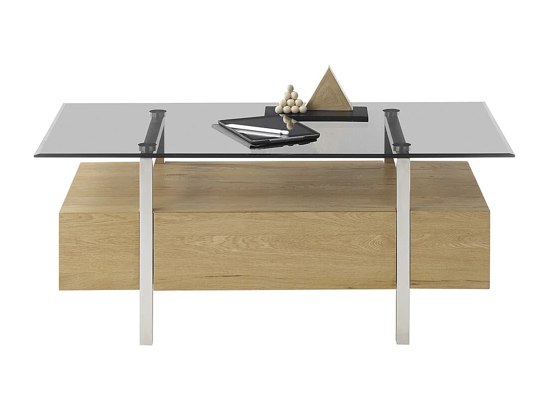 Table basse avec étagère coloris chêne en verre / bois - Longueur 110 x hauteur 45 x profondeur 60 cm