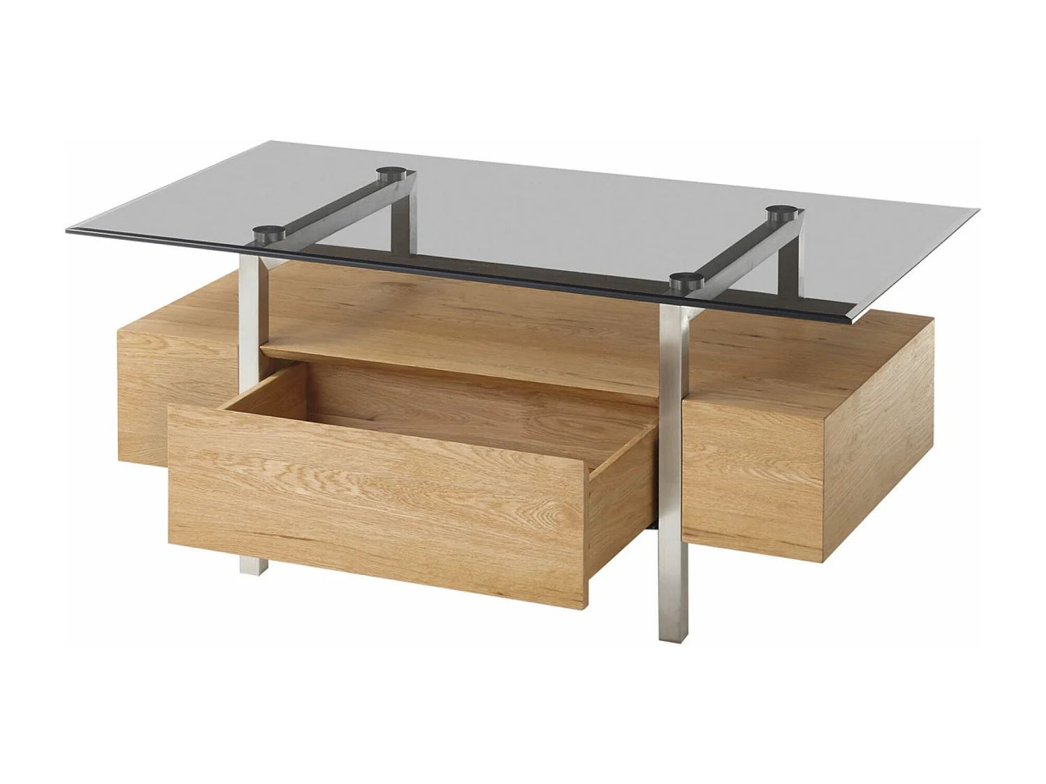 Table basse avec étagère coloris chêne en verre / bois - Longueur 110 x hauteur 45 x profondeur 60 cm