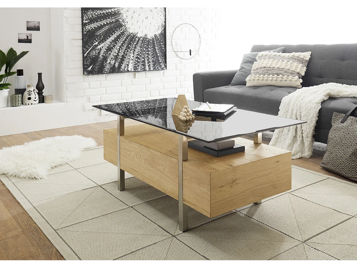 Table basse avec étagère coloris chêne en verre / bois - Longueur 110 x hauteur 45 x profondeur 60 cm