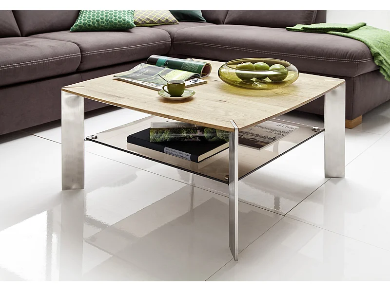 Table basse en chêne massif et verre - L80 x H41 x P80 cm