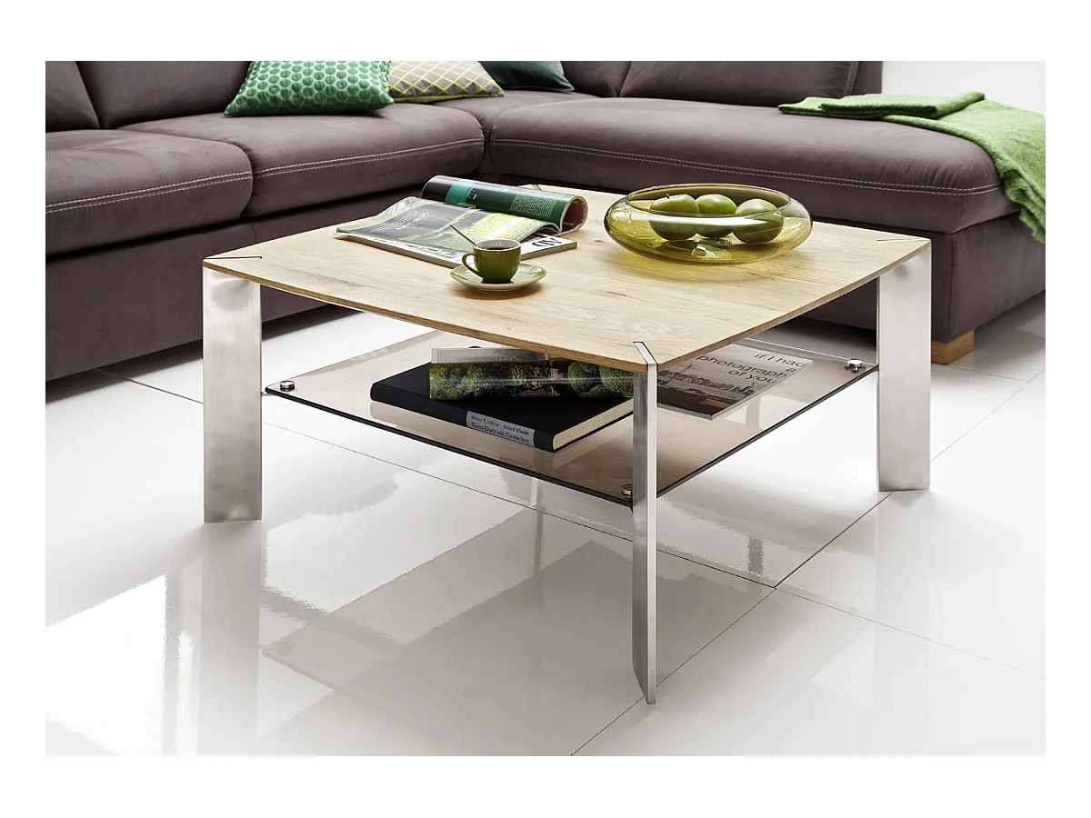 Table basse en chêne massif et verre - L80 x H41 x P80 cm