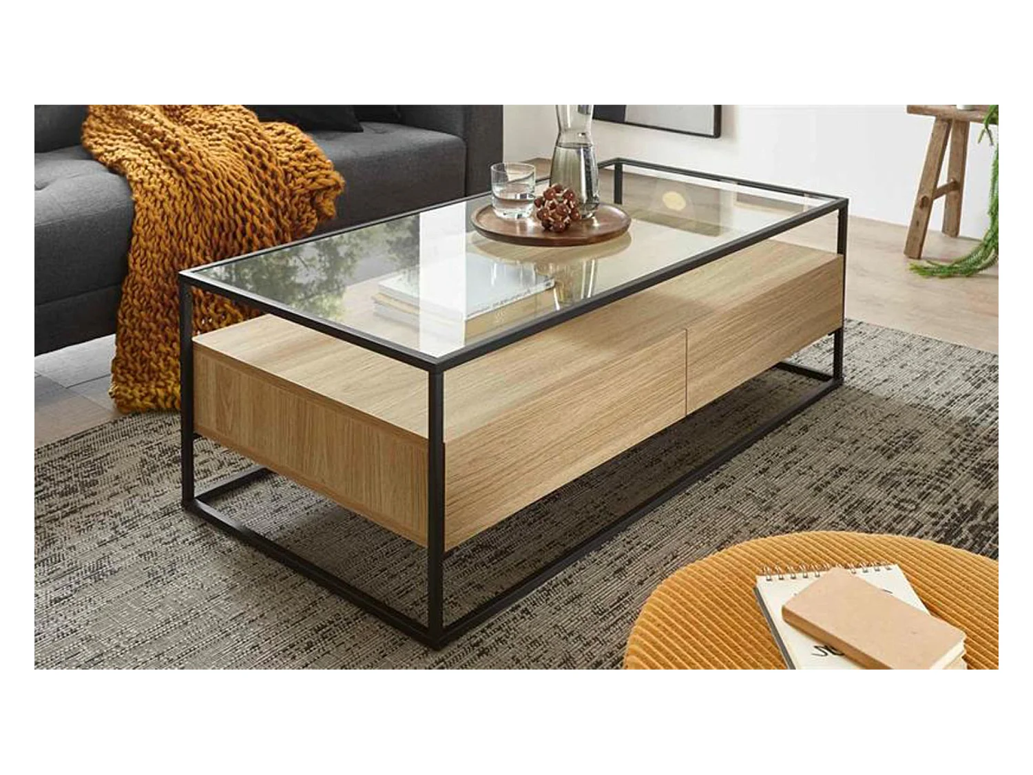 Table basse avec rangements en bois et métal - L.120 x H.40 x P.60 cm