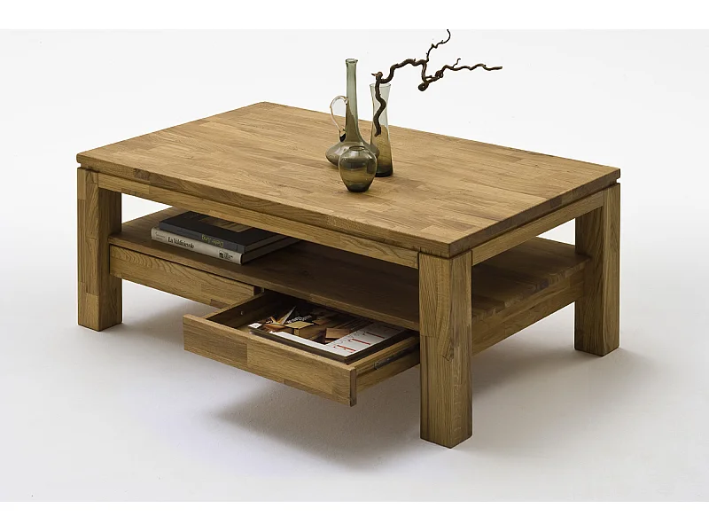 Table basse avec 2 tiroirs en chêne noueux huilé - L115 x H45 x P70 cm