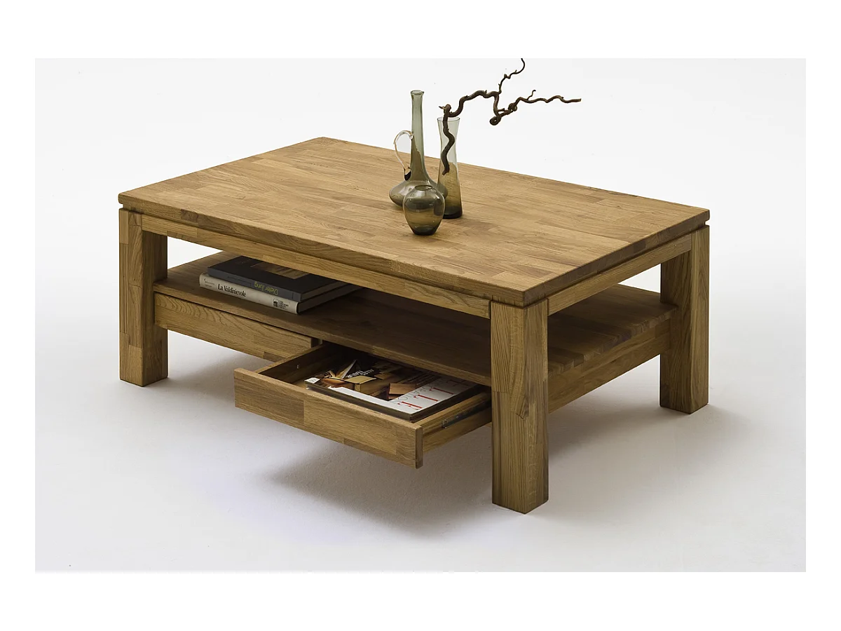 Table basse avec 2 tiroirs en chêne noueux huilé - L115 x H45 x P70 cm